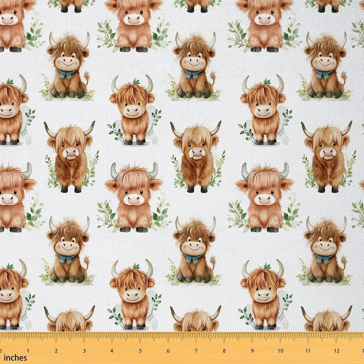 Highland Cow Upholstery Fabric Chairs | Cartoon Western Animals Outdoor Fabric,Farmhouse Farm Cowboy Longhorn Bull Landscape Fabric