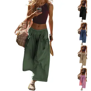 Molitree Women's Loose Wide Leg Track Pants Drawstring Pockets Elastic Waist Capri Hiking Pants Casual Chic Trousers Bottom Khaki Minimalist Style Womenswear Basic