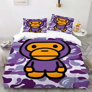 BAPE Baby Milo Camo Duvet Cover Set, 1 Duvet and 1-2 Pillowcases without Core, Purple ABC CAMO Camouflage, Soft Cartoon Monkey Design, Cute Trendy Brand Style Bedding for Bedroom Decor, Gift for Fans