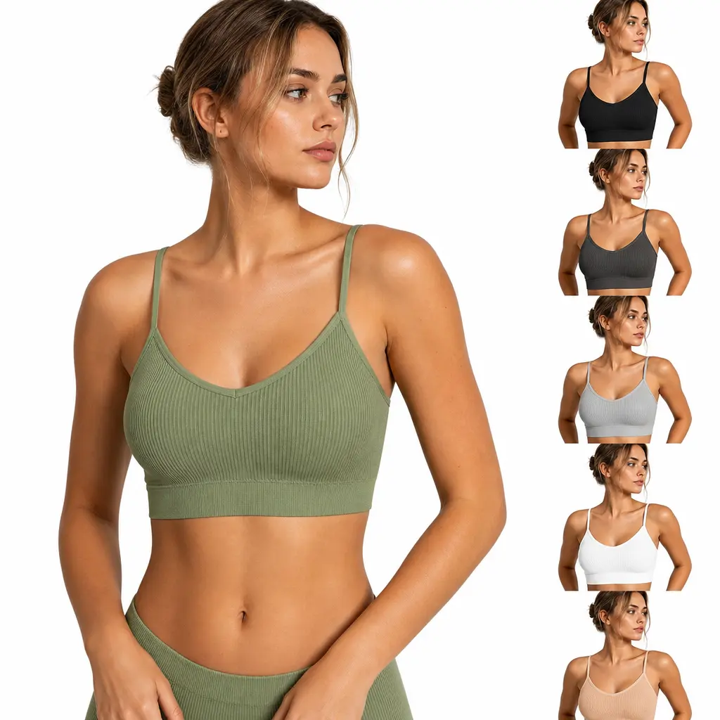 6 Pcs Women's Ribbed Seamless Bralette, Minimalist Wireless Cami Bra with Removable Pads, Soft Comfortable and Smooth for Everyday Wear, Set 1 Lightweight Womenswear Basic Vneck Wireless Bra Top Black Bra Seamless Padded Bra