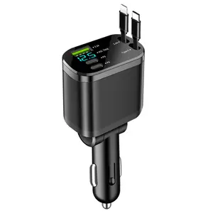Retractable Car Charger 5 in 1 Fast Charging, Retractable Multi Charger, 66W High-power USB C, 2 Retractable Charging Cables, Real Time Voltage Detection, 180° Adjustable For iPhone & Android