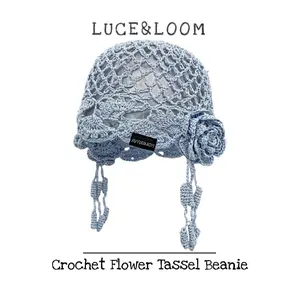【LUCE&LOOM】New Arrival Handmade Crochet Flower Cap, Delicate Hollow Lace Tassel Summer Beach Accessory, Crochet Knit Hats, Floral Boho Hats