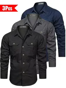 3-pack men’s solid-color long-sleeve shirts, regular fit, casual button-down tops suitable for office and business settings, all-season wear, casual slim-fit shirts