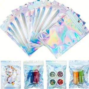 100 Pack Laser Self-Seal Bags, Aluminum Foil Transparent Seal Bags, Rainbow Zipper Seals, Cosmetics Jewelry Packaging, Ideal for Small Business