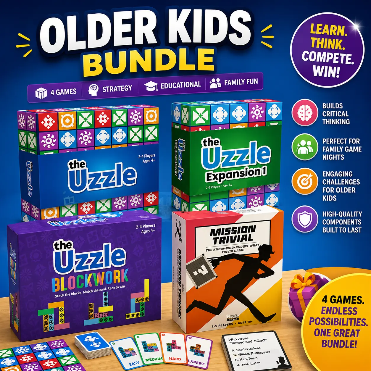 Older Kids Bundle – The Uzzle, Uzzle Expansion, Blockwork & Mission Trivial | Educational Strategy Board Games | Family Fun Game |  Tabletop Games Family Fun Game