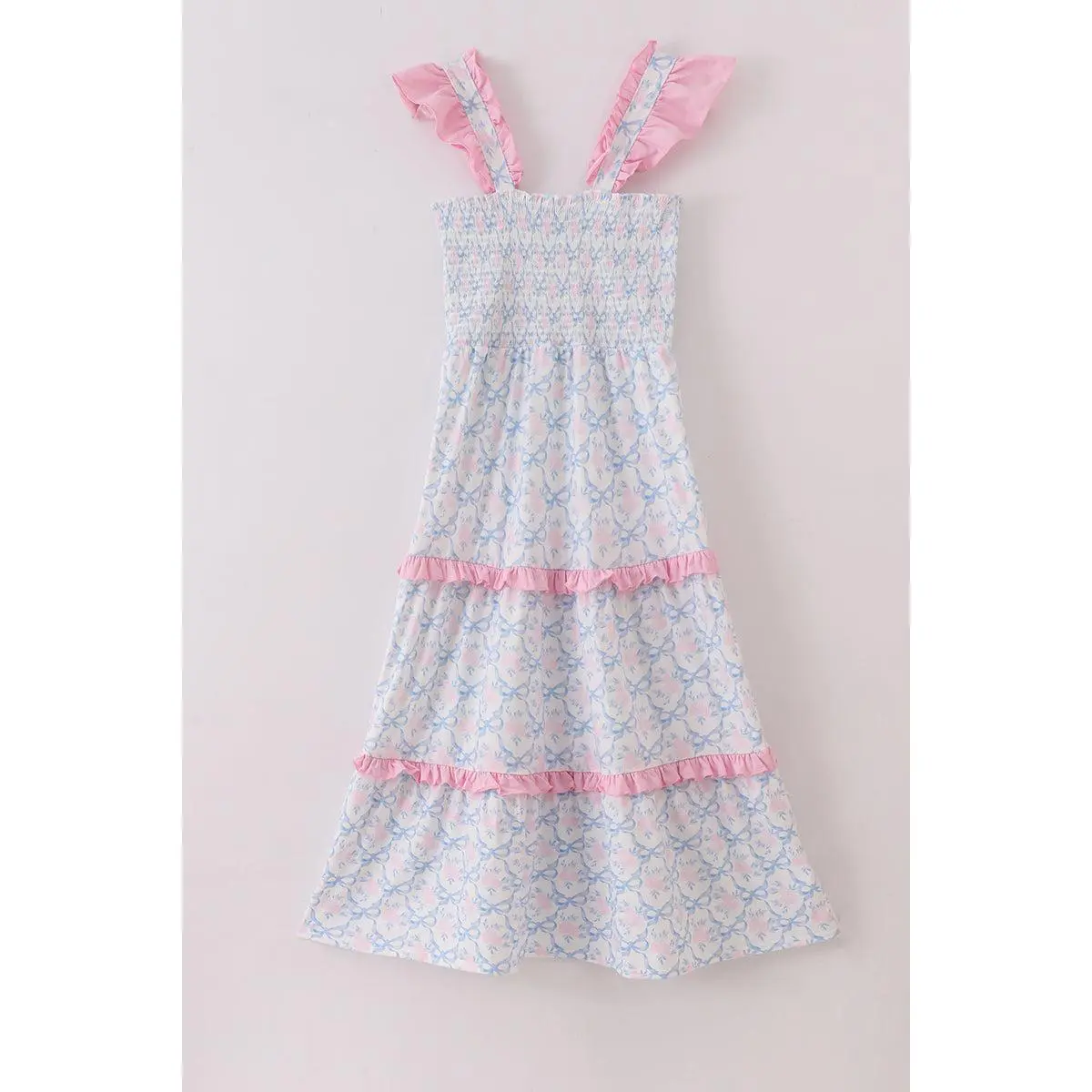 Blue bow tie print smocked mom dress