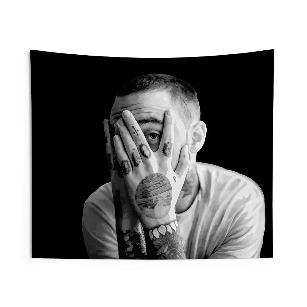 Mac Miller Circles Tattoo Portrait Tapestry Wall Hanging - Black and White Aesthetic Hip Hop Rap Music Album Poster Background for Bedroom & Dorm Decor