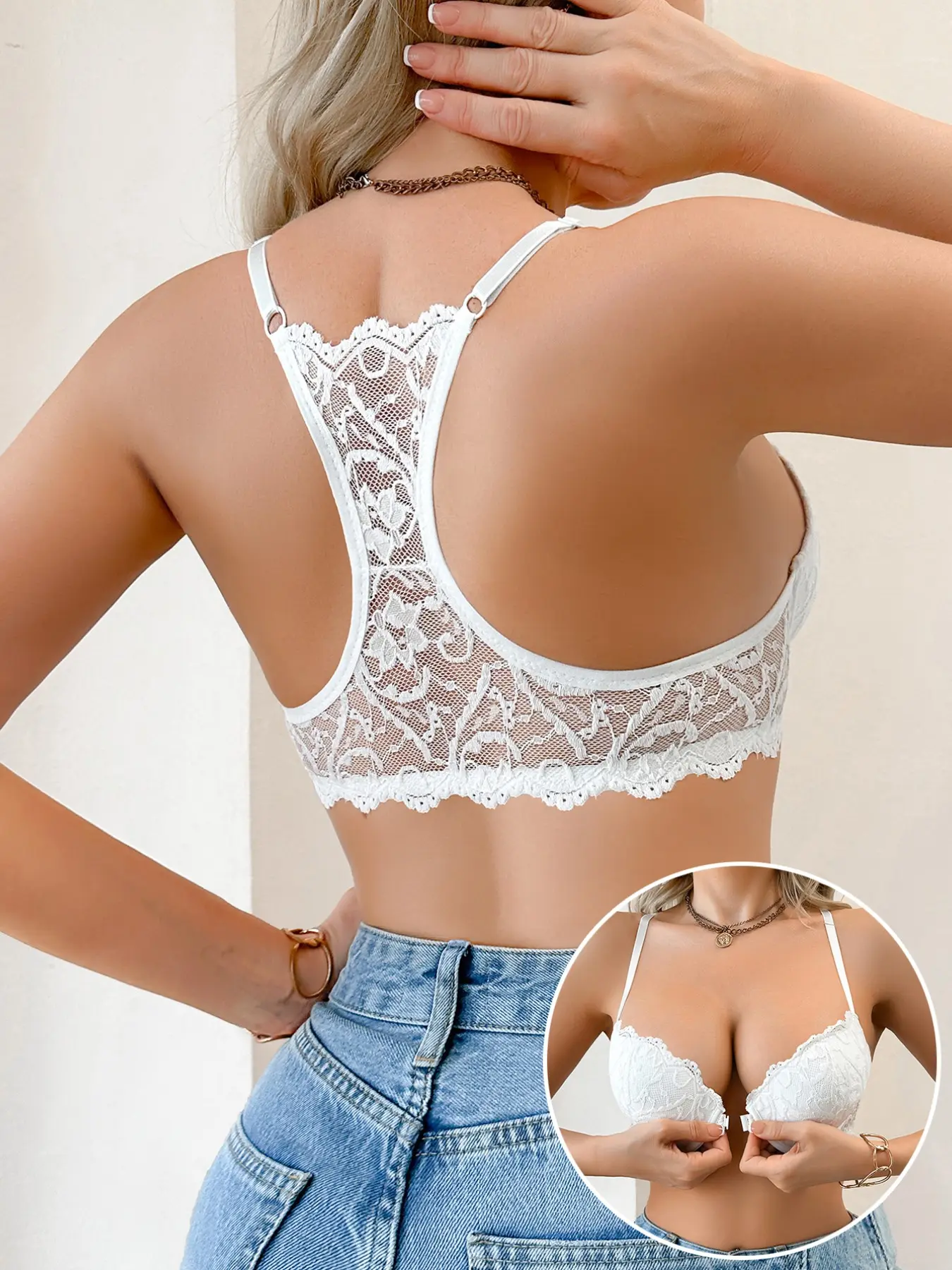 Women's Lace Racerback Bra, Front Closure, Adjustable Strap, Push Up Bralette, Medium, Comfortable, Aesthetic and Stylish Underwear for Everyday Wear