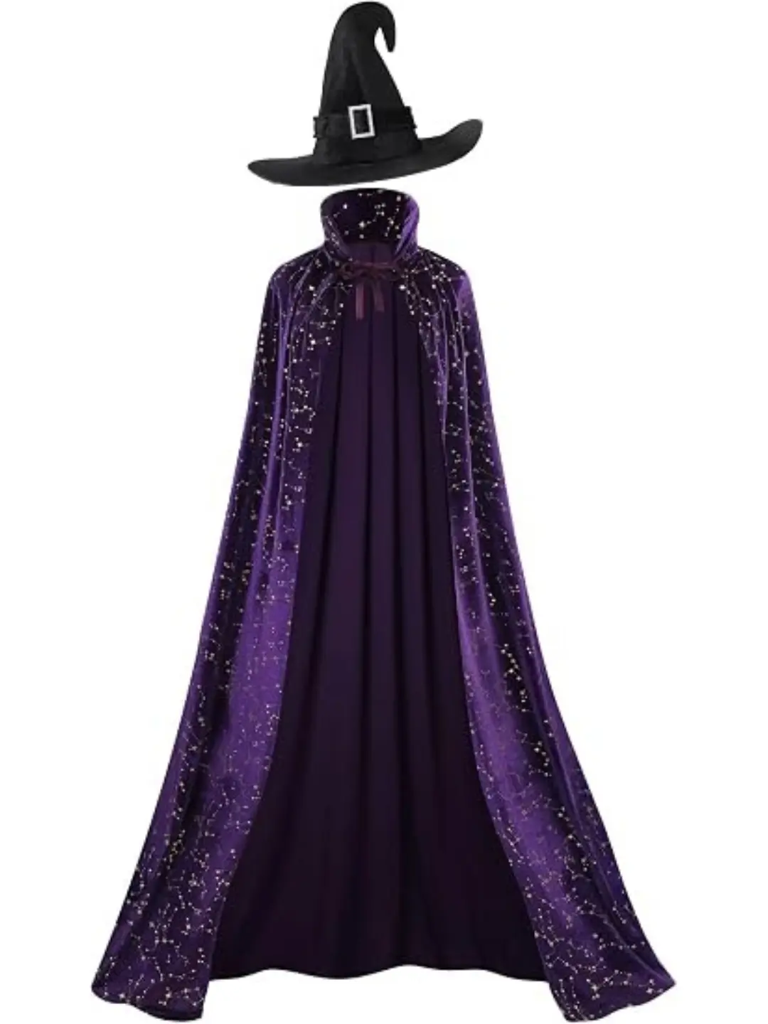 Women's Witch Costume Cape with Hat, Shiny Star Velvet Cloak Full Length Wizard Vampire Halloween Cosplay Party Outfit