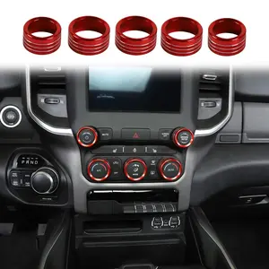for Dodge RAM Aluminum Center Console AC Radio Headlight Dashboard CD Switch Climate Control HVAC Knob Cover for 2018-2025+ Dodge RAM Interior Accessories, 5pcs Red