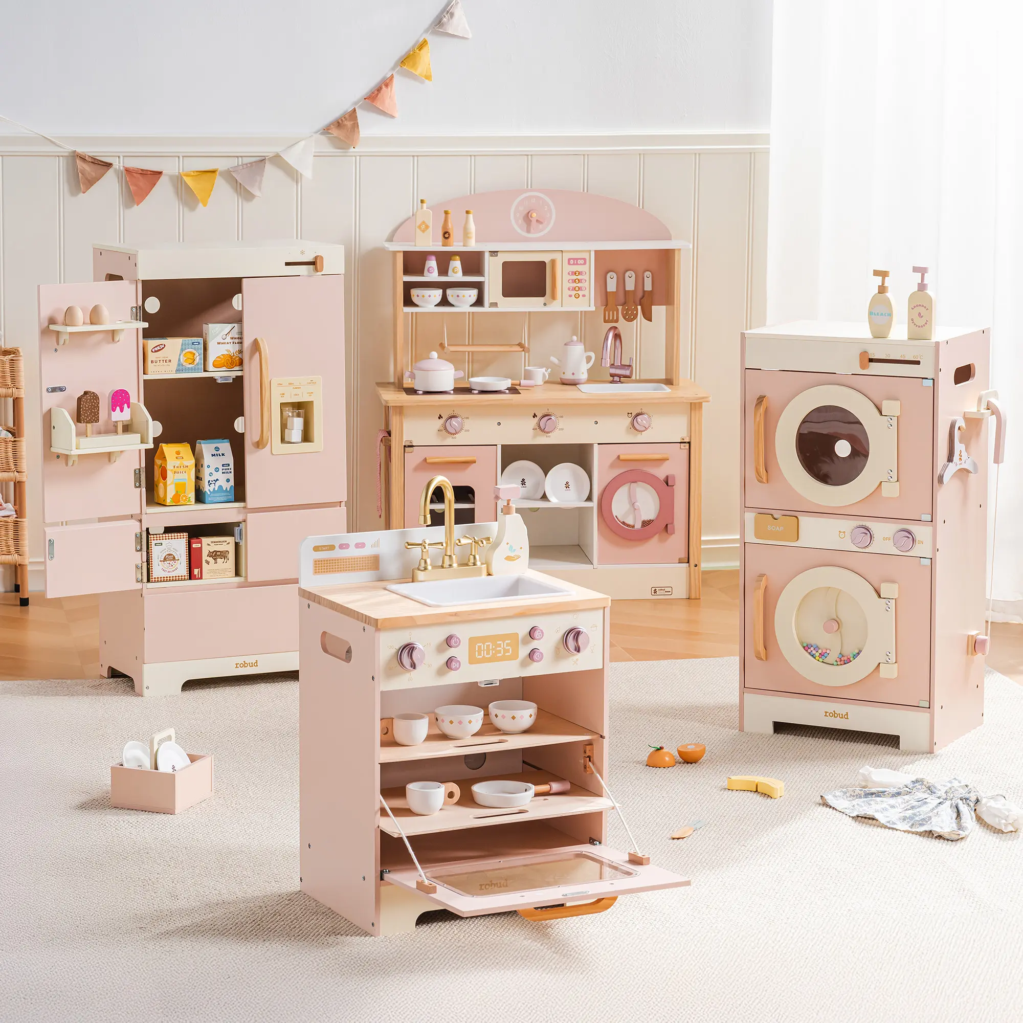 ROBUD Wooden Play Kitchen, Kids Kitchen Playset, Toy Kitchen Set with Fridge, Washing Machine, Dishwasher Toddlers Kitchen Playset Gift for Boys & Girls, Age 3+
