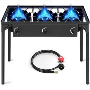 3 Burner Propane Gas Stove 225,000 BTU, High Pressure Outdoor Cooker with Cast Iron Head & Adjustable Regulator, Portable Camp Stove