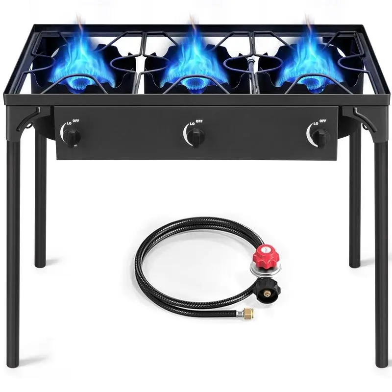 3-Burner High-Pressure Outdoor Gas Stove, 225000 BTU Camping Kitchenware with Cast Iron Head, Adjustable Regulator & Fire, Removable Legs, Portable Outdoor Cooking Station for Camping & Hiking, Portable Unit