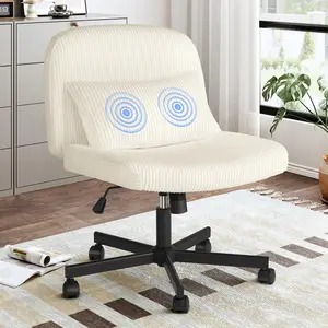 【Massage & Cozy Cushion】ONBRILL Criss Cross Chair with Wheels, Massage Cross Legged Office Chair with Double Layer Sponge Cushion, Corduroy Wide Armless Office Desk Chair Mid Back Swivel Vanity Chair for Home Office, Bedroom Furniture