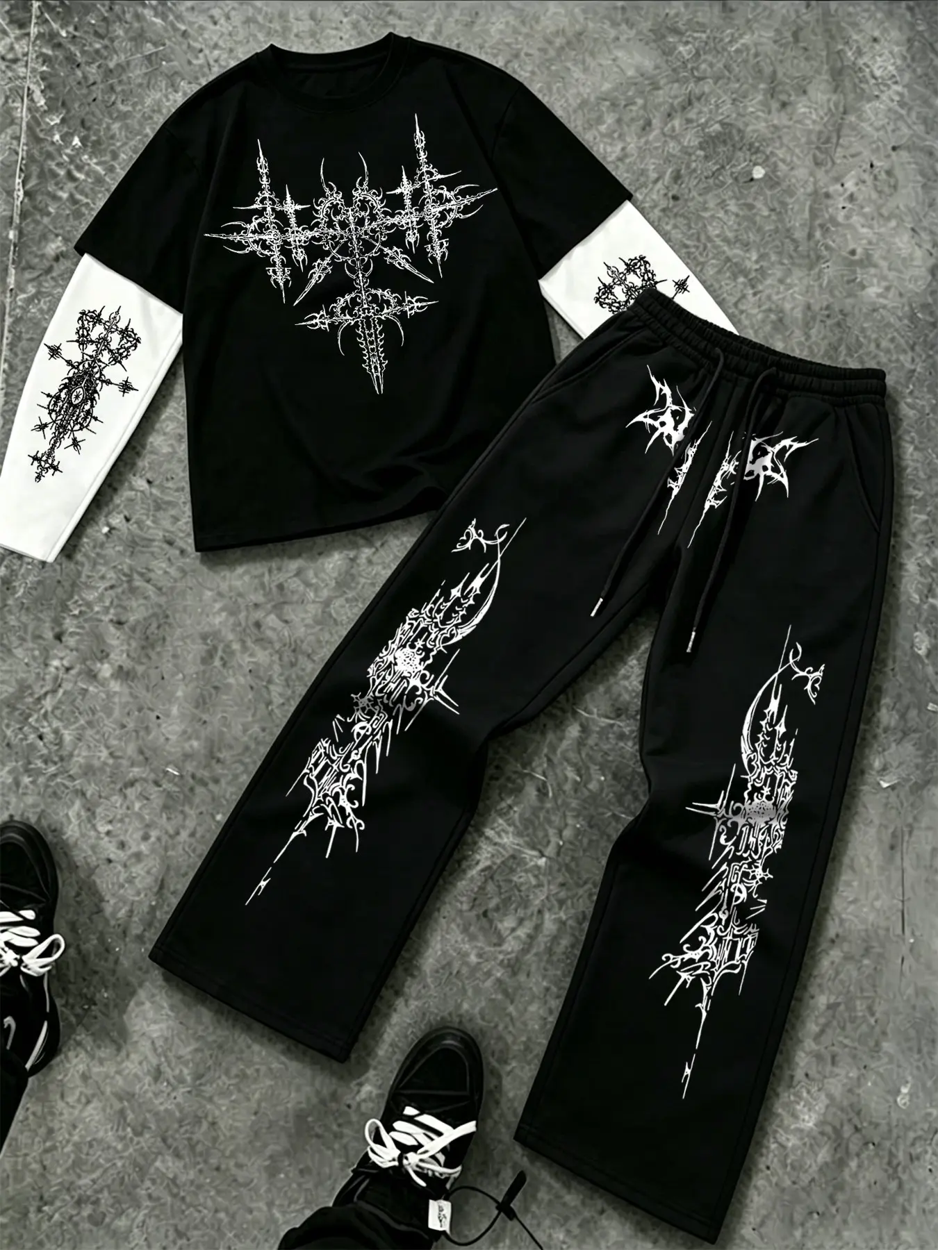 Men's American Gothic Style Casual Set, Gothic Clothes, Comfortable Breathable Fake Two-Piece T-Shirt + Drawstring Wide Leg Pants, Thorn Print, Streetwear