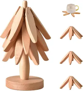 Tree Shaped Wooden Heat Resistant Trivet Foldable Cup Coaster for Home Kitchen，Includes 4 Trivets, 1 Stand, and 4 of Choice (Natural Wood)