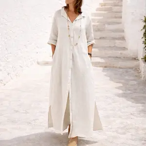 Marcolina Linen Shirt Dress One Size S to 1XL Button Down Maxi Dress Side Slit Lightweight Breathable Summer Dress