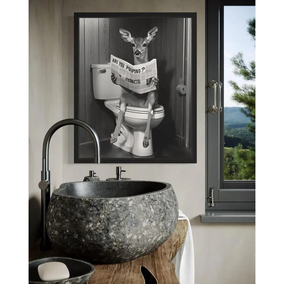 Retro Deer on Toilet Art Print Poster, Eco-Friendly Cotton Vintage Wall Art, Matte Minimalist Photo for Bathroom Decoration, Kid Room & Wardrobe Ornament