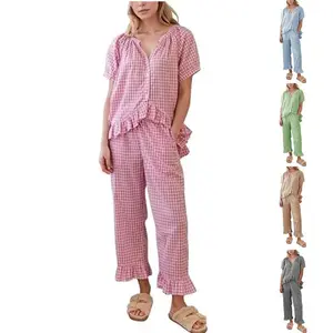 Women’s gingham sleepwear set, 2-piece set, 100% cotton checkered bubble-sleeve ruffle doll shirt and casual pants, casual sleepwear GARMENTARY
