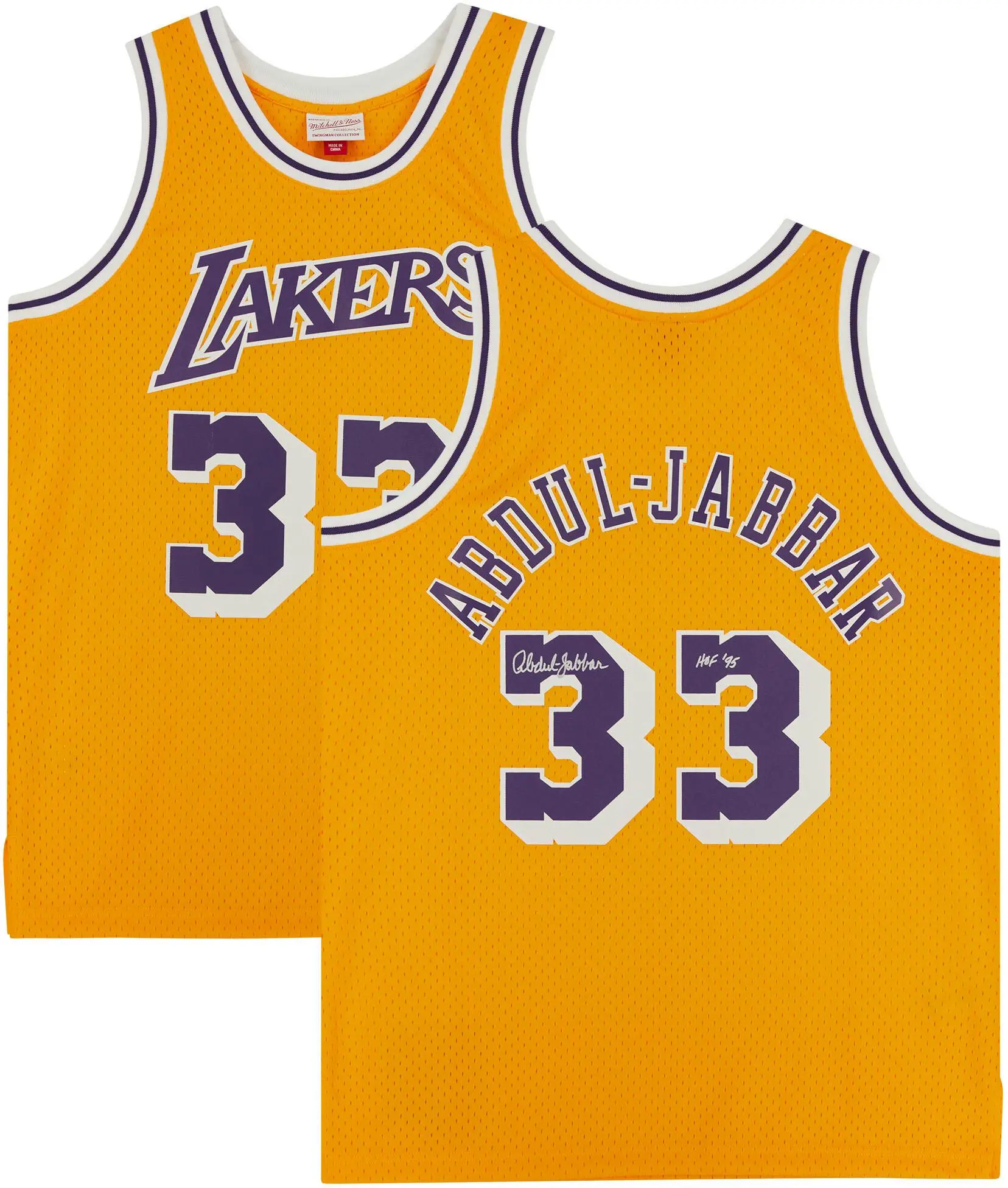 Kareem Abdul-Jabbar Los Angeles Lakers Autographed Mitchell & Ness Gold 1984-85 Swingman Jersey with "HOF 95" Inscription - Fanatics Authentic Certified