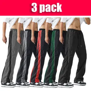 3 Pack Men's Ice Silk Parachute Cargo Pants, Color Block Drawstring Wide Leg Loose Straight Casual Track Pants