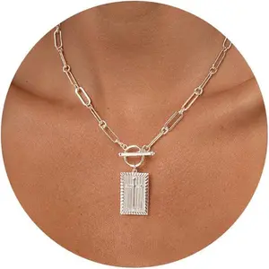 Gold and Silver Cross Pendant Necklace for Women, Toggle Clasp Rectangle Cross Charm Necklace, Dainty Paperclip Chain Religious Jewelry Gift for Christian Faith, Baptism, First Communion