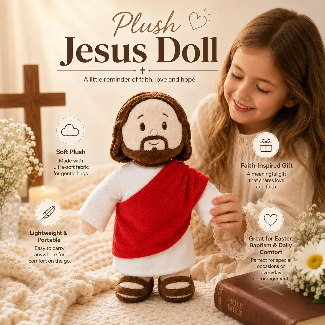 13-Inch Jesus Plush Toy - Ultra-Soft PP Cotton Religious Stuffed Ornament, Baptism Gift, Safe Faith Home Decor Fashion Accessory Novelty Cap