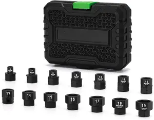 14- 3/8-Inch Drive Metric Low Profile Impact Socket Set, Stubby Socket Set, 6mm-19mm, No Skips Sizes, 6 Point, Cr-Mo, Shorter Socket for Tight Areas