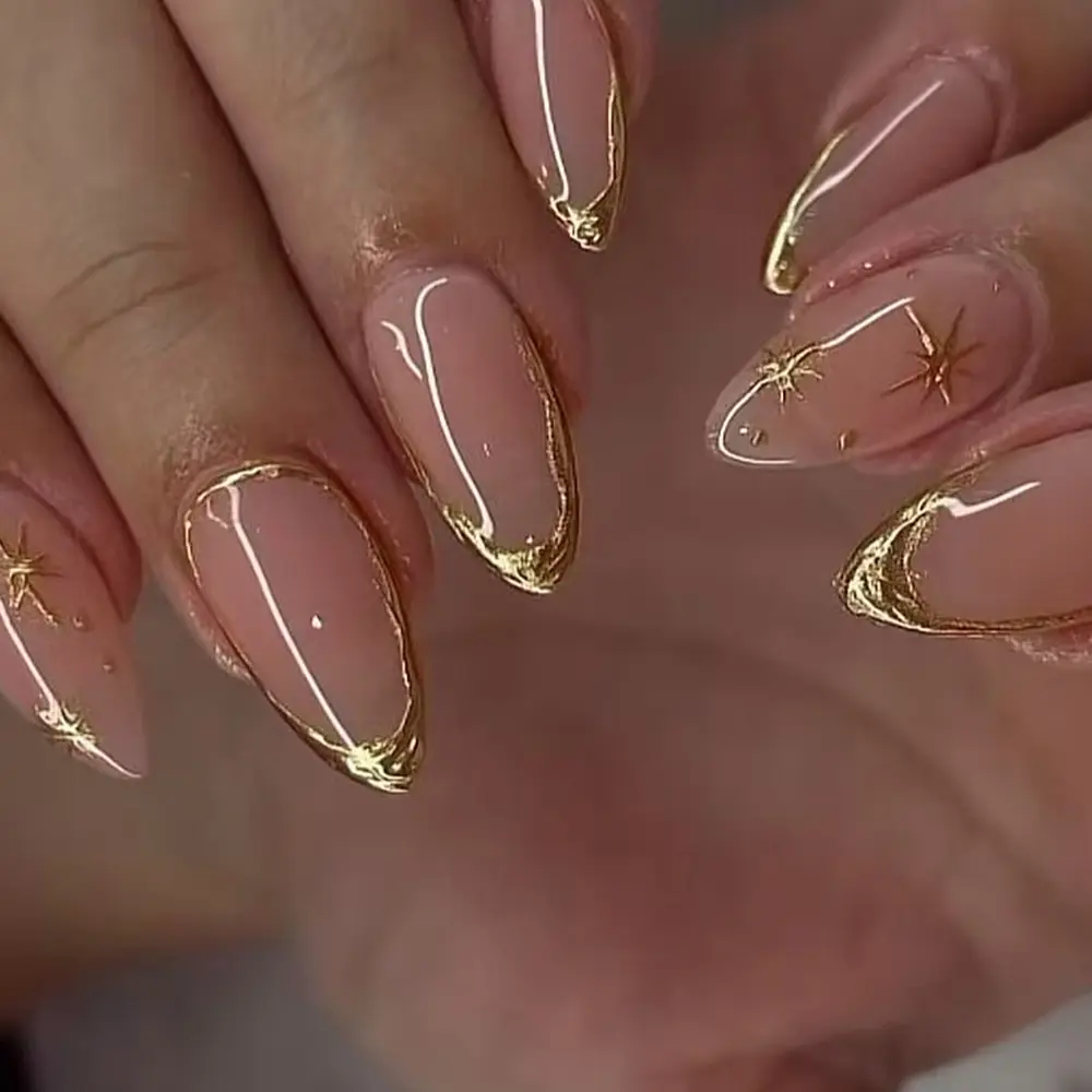 24pcs Oval Press-On Nails Set, Star Gold Powder Design, Valentine's Day Style, Full Coverage Acrylic False Nails, Includes Jelly Glue & Nail File, Glossy Fake Nails, Acrylic Fake Nails