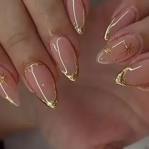 24pcs Oval Press-On Nails Set, Star Gold Powder Design, Valentine's Day Style, Full Coverage Acrylic False Nails, Includes Jelly Glue & Nail File, Acrylic Fake Nails