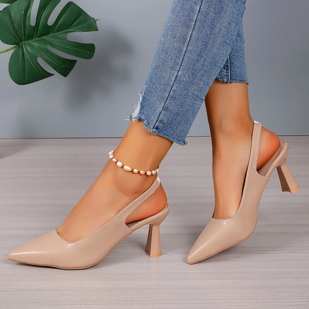 Women's Chic Stiletto Slingback Heels - Pointed Toe, Breathable Microfiber Footwear, Sparkle Accent, Versatile Design