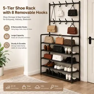 5-Tier Shoe Rack with Coat Hooks, Multifunctional Entryway Shoe Storage Organizer, Freestanding Shoe Shelf with Hat & Bag Hanger for Hallway, Bedroom