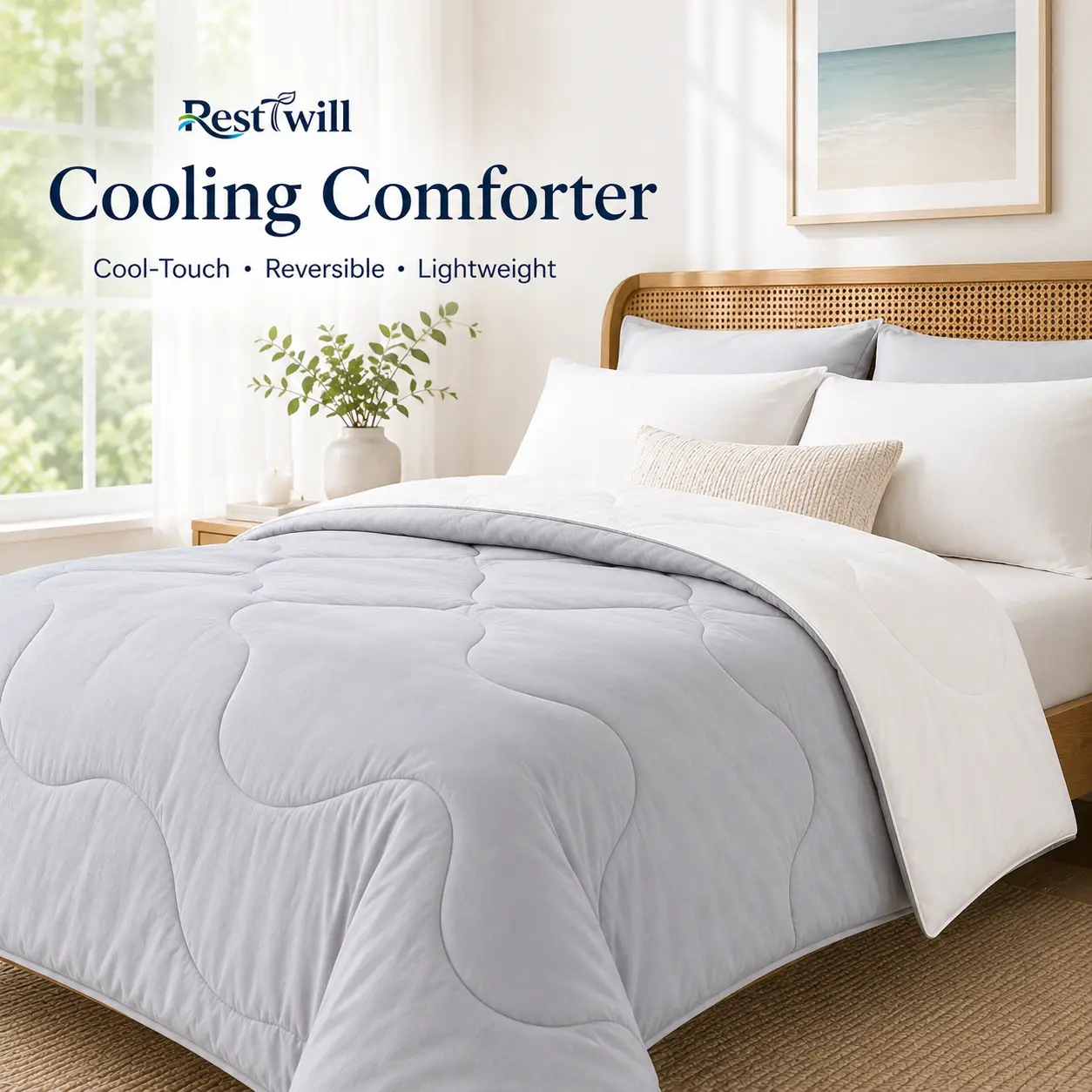 RESTTWILL Cooling Comforter for Hot Sleepers, Reversible Cool-Touch Summer Quilt, Soft Lightweight Breathable Blanket for Night Sweats, Double Sided Blanket, Twin/Queen/King Sizes, Gray White, Soft Lightweight Blanket homeessentials