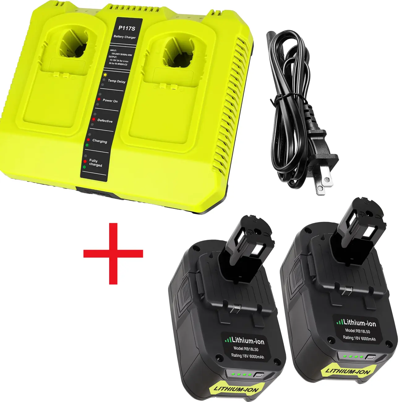 P117 Dual Slot 18V Battery Charger+2* for Ryobi 18V Battery, Charger Replace for Ryobi Battery Charger P118, Compatible for Ryobi ONE+ Lithium NiCd NiMh Batteries