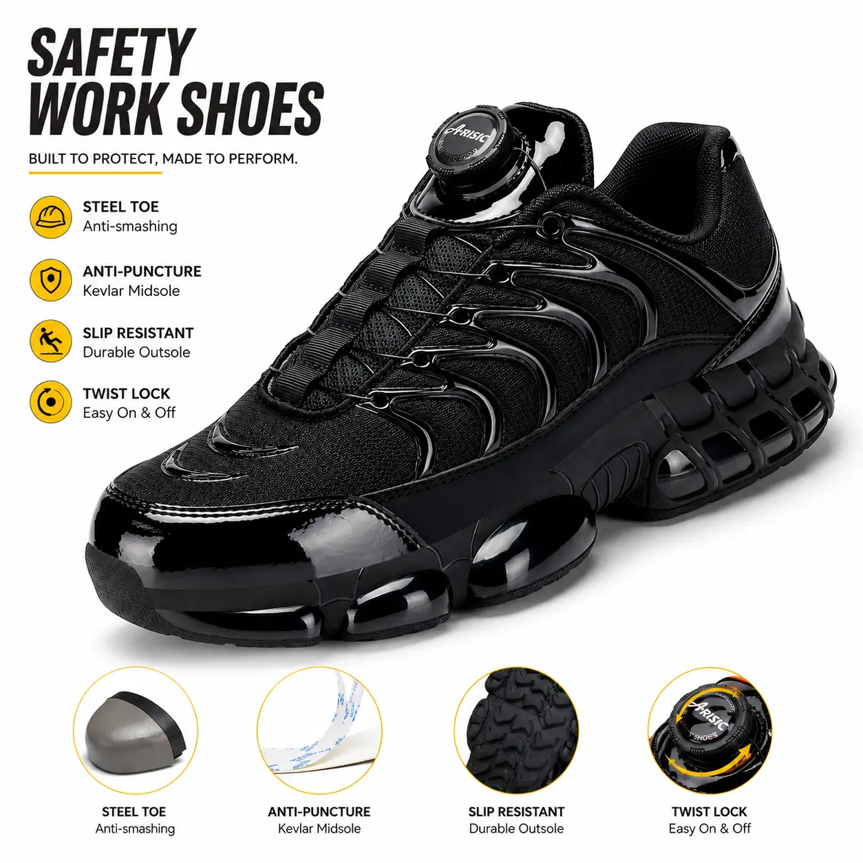 ARISIC Work & Safety Shoes for Men & Women, Lightweight Steel Toe Boots with Twist Lock Laces, Puncture-Proof and Slip-Resistant