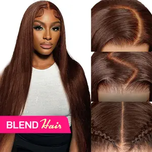 [-Blend Hair-]28inch YAWAWE Hair Chocolate Brown Blend Human Hair Lace Front Wigs Pre Plucked 13x6 Straight High Density Colored #4 Light Brown with Drawstring Effortless Install Ear to Ear Bone Straight 13x6 Lace Front Wig with Baby Hair