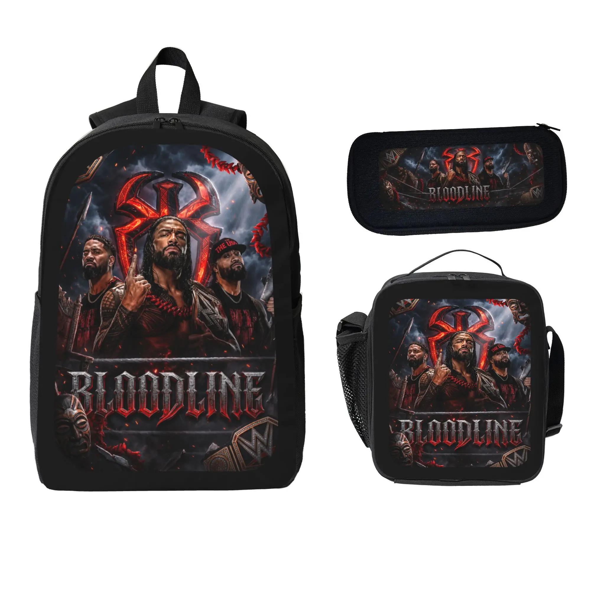 Boys' 3-Pcs The Bloodline Wrestling Backpack Set Bundle - Back to School Multi-Compartment Bookbag, Zipper Closure Lunch Box, Bold Imagery Pencil Case for Pro Wrestling Fans
