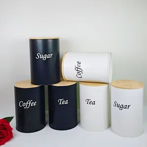 3-Piece Round Coffee Tea Canister Set, Metal Jars with Wood Lid Sealed Storage, Home Decor Desktop Organizer Decorative Display Jar