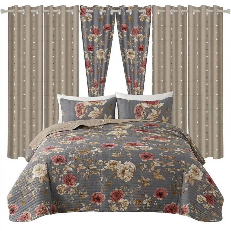 Vintage Grey Peony Floral Quilted Bedspread 9-Piece Set Skin Friendly Soft All Season Floral Bedding Kit