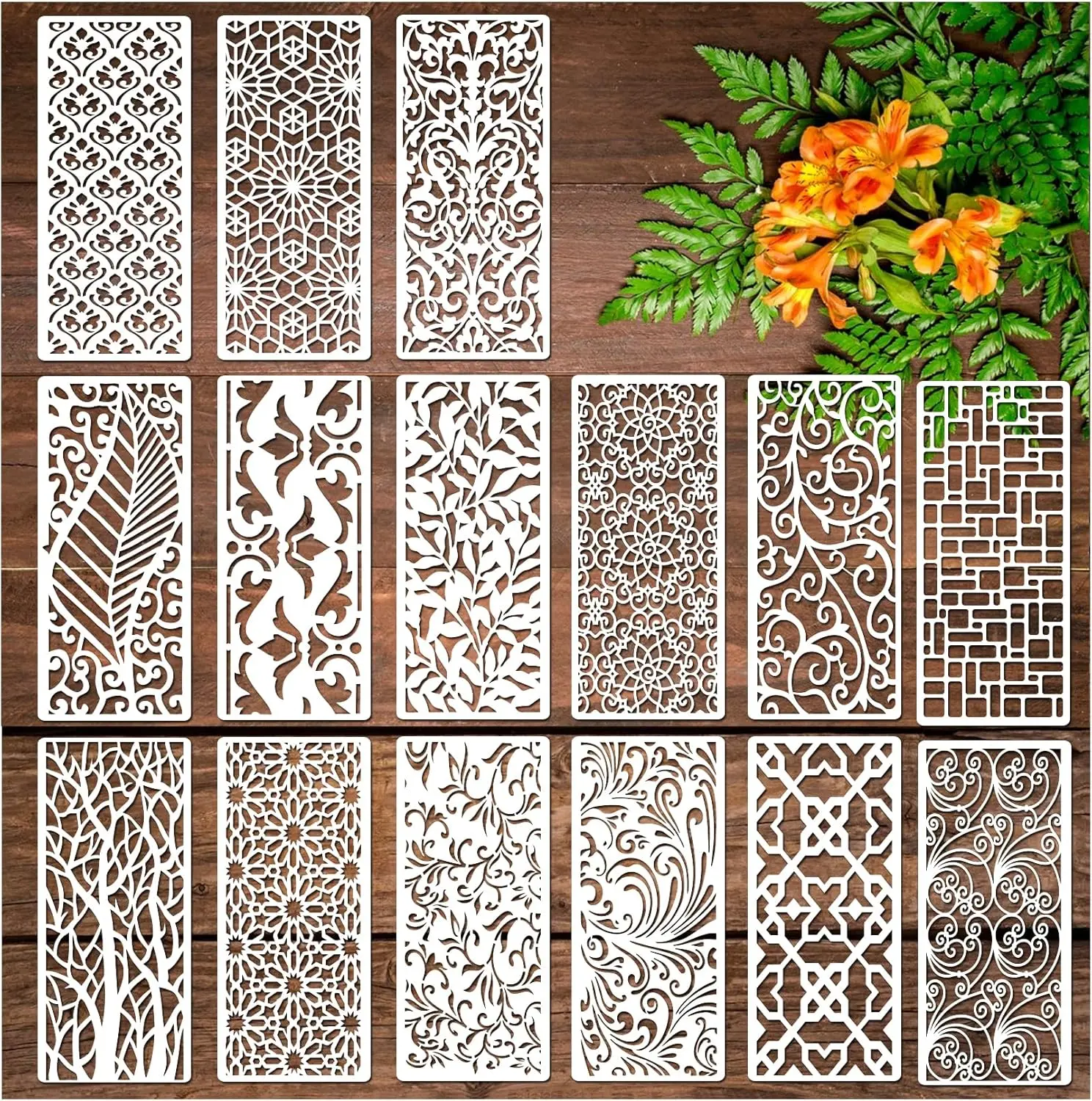 15-Pcs High-Quality Reusable Vine & Leaf Patterns Painting Template Set (0.25mm Thick, 5.1x11.8in) - Easy to Clean, Smooth to Touch, for Wooden DIY Crafts, Home Decoration