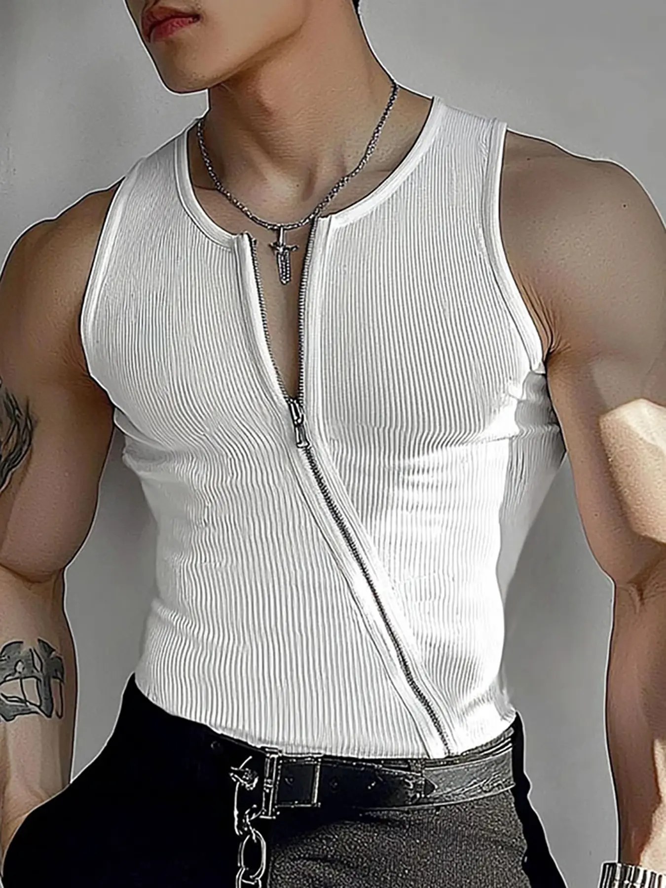INCERUN  Men's Fashion Street Vest, Sleeveless Plain Solid Color Zipper Design Tight-Fitting Tank, Casual Daily Wear