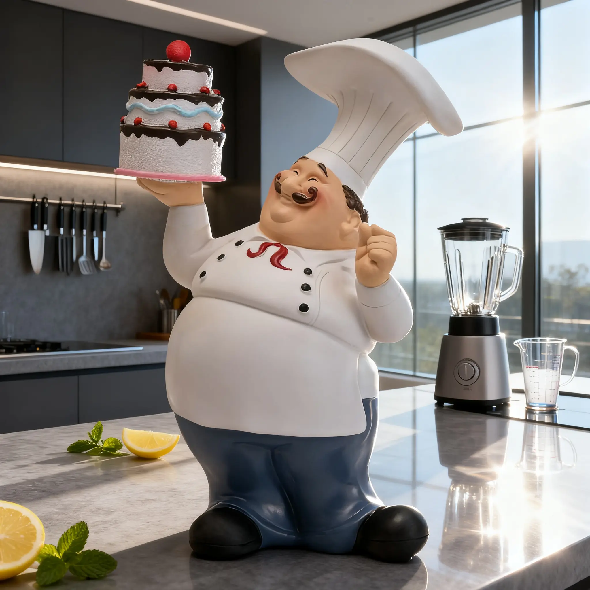 Charming Plump Chef Resin Ornament Holding Cake Adorable Figurine for Dining Room Ambiance Café Decor Premium Craftsmanship