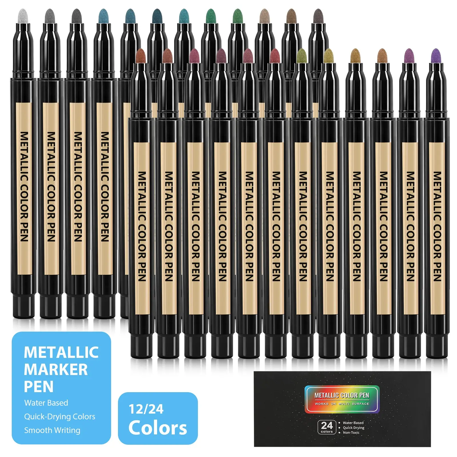 Metallic Paint Marker Pen, 12/24pcs Colorful Shimmer Glitter Marker Highlighter Pen, Art Markers Set, Markers for Coloring, Paint Marker for Diy Arts Crafts, Glass, Wood, Card Making, Drawing, Paint Pens Markers, Metallic Sparkle Pen
