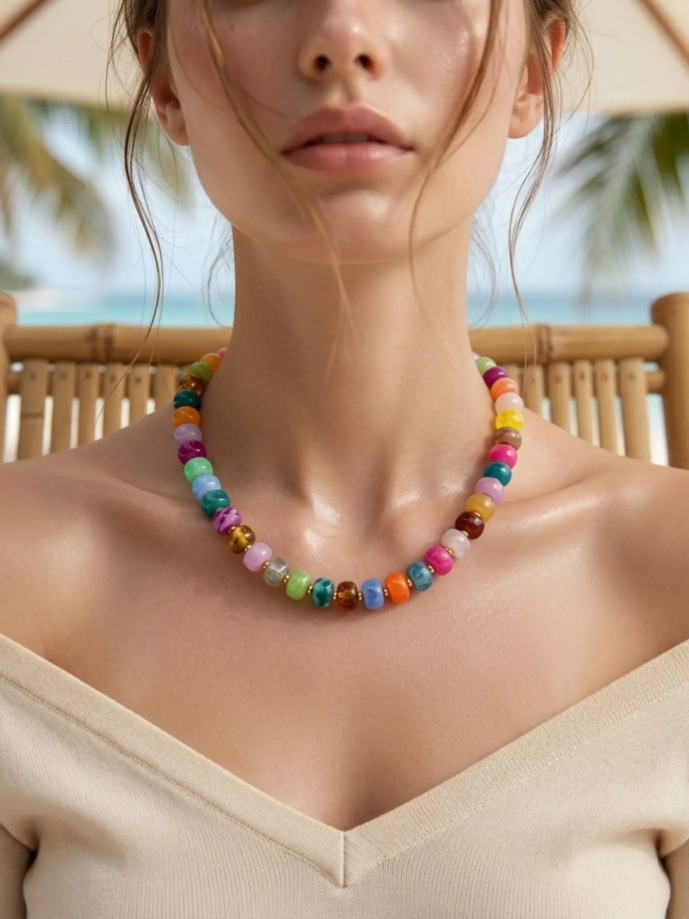 Elegant Resin Necklace for Women, Handmade Beaded Locket Chain, Summer Vacation Style, Bold Colorful Design, Perfect Gift Idea, Boho Style Jewelry