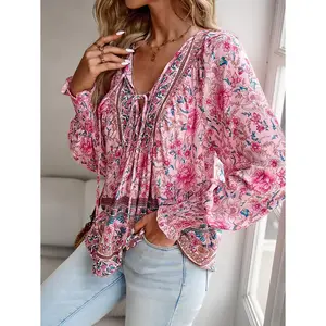 VVZ 2026 Women's Printed V Neck Blouse Long Sleeve Loose Casual Top Summer Vacation Boho Shirt Tunic Relaxed Fit Beach Travel Outfit