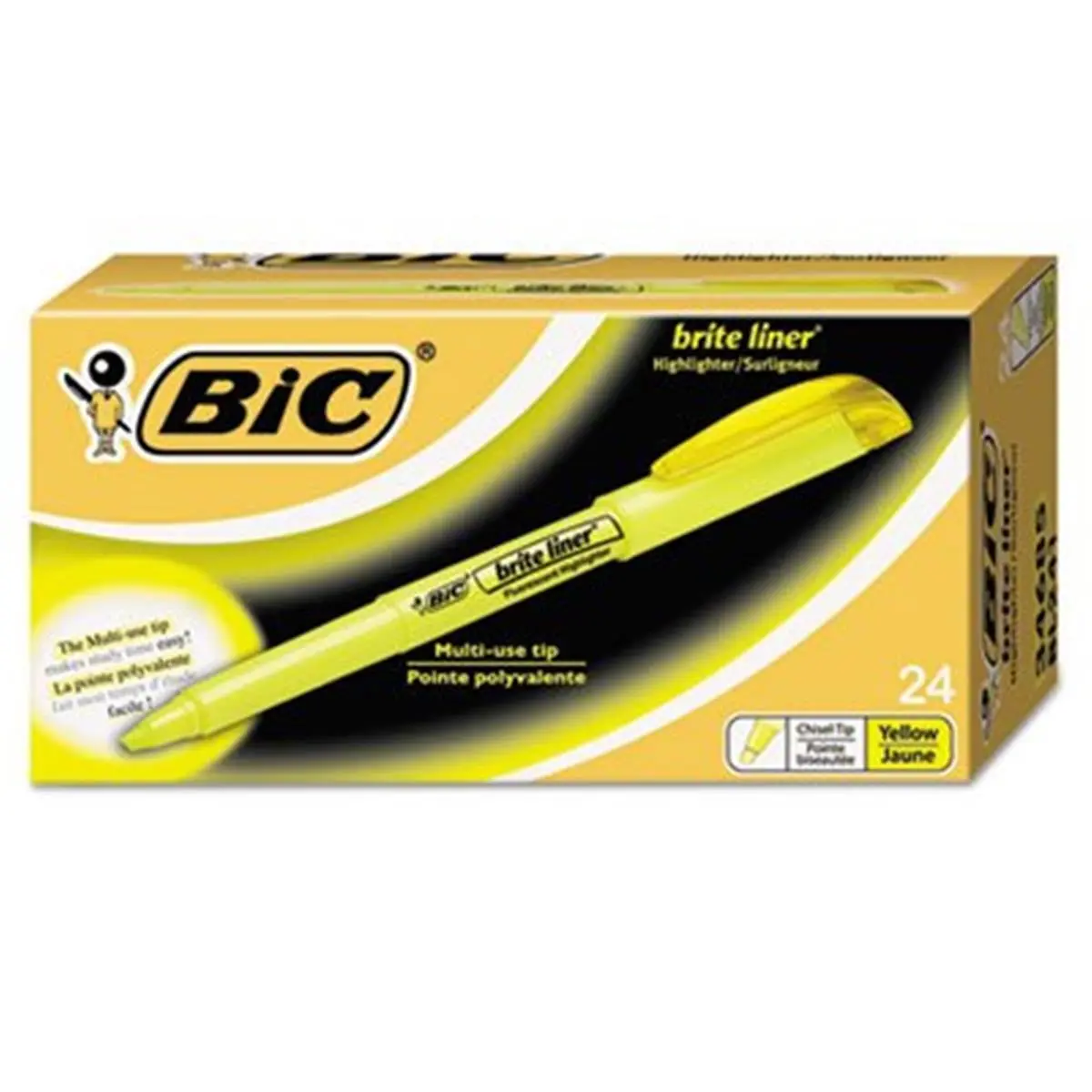 Bic Brite Liner Highlighters - Broad, Quick-Drying, Smooth, Even Flow, Bright, High-Contrast Marking, Pen-Shaped Design, ACMI Certified, Chisel Tip, Odorless, Yellow Fluorescent Ink, Nonrefillable Office Stationery for Students