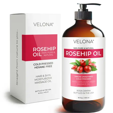 Velona Rosehip Carrier Oil - 16 Fl Oz Glass Bottle, 100% Pure Natural Unrefined Cold Pressed, Moisturizing Body & Massage Oil for Adults, Anti-Aging Nourishment for Face/Hair/Skin, No Alcohol, Chemicals, Fragrance or Additives, Alcohol Free