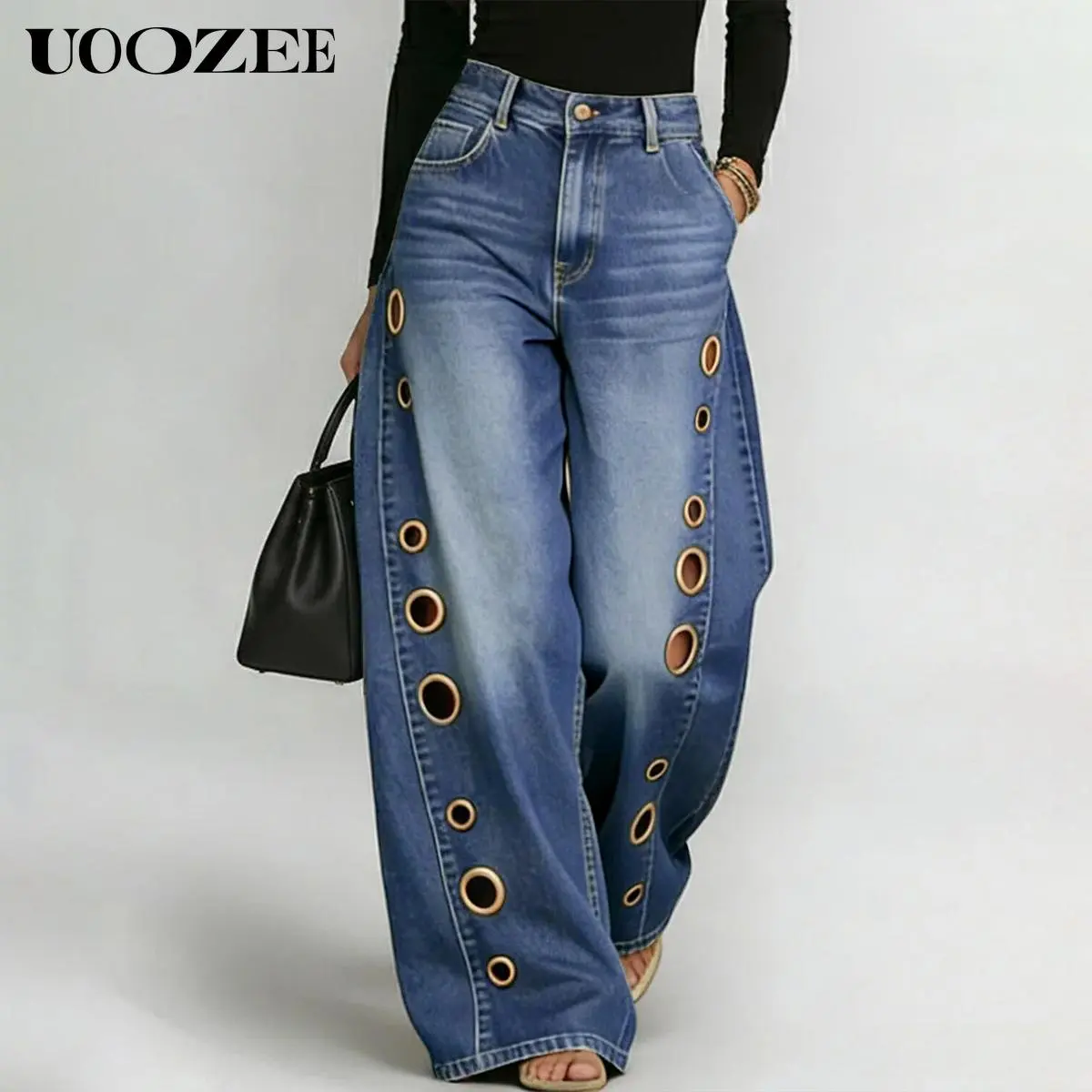 UOOZEE Women's High-Waist Wide Leg Cotton Denim Jeans with Geometric Eyelet Cutouts - Polyester-Blend Fabric, Street Style Casual Wear for Everyday, Festival Use (Note: Jeans Run Large)