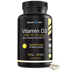 Vitamin D3 K2 3000 IU with MK-7 from Natto - High Potency Support for Bones, Teeth, Heart & Immune Function, Gluten-Free - 90 Capsules