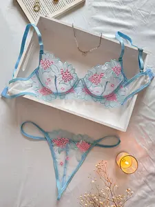 Women's Elegant Floral Lace 2-Piece Lingerie Set - Sexy Sheer Bra & Thong, Vibrant Colors, Soft Polyester Blend, Hand-Washable Mesh, Matching Baby Blue, All-Season Intimate Gifts for Women